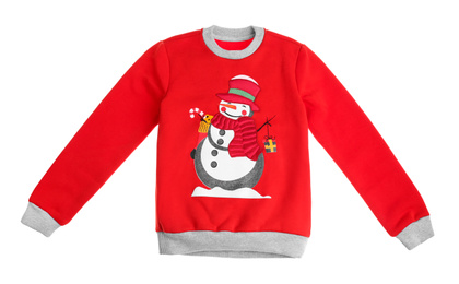 Warm Christmas sweater with snowman isolated on white, top view