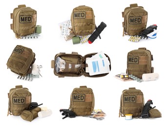 Image of Collage with military first aid kit on white background