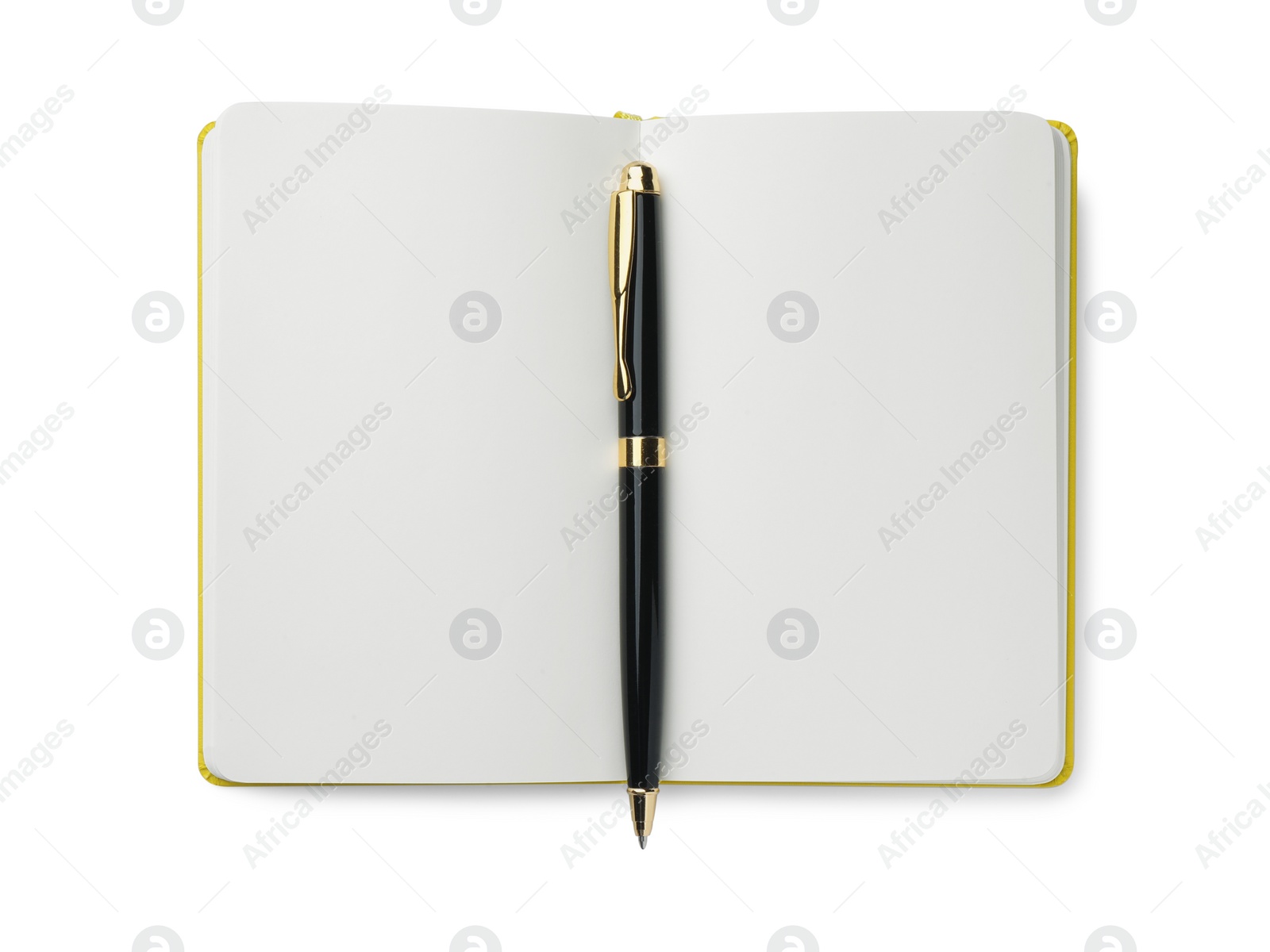 Photo of Open notebook with blank pages and pen isolated on white, top view