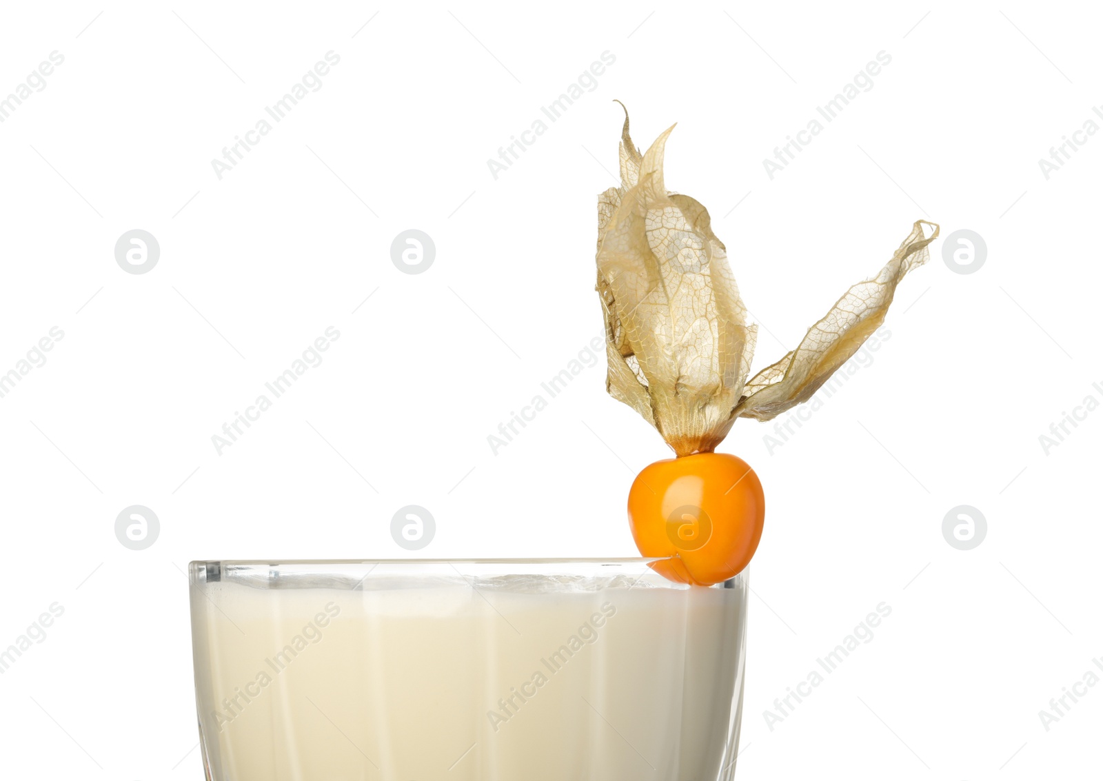 Photo of Refreshing cocktail decorated with physalis fruit on white background, closeup