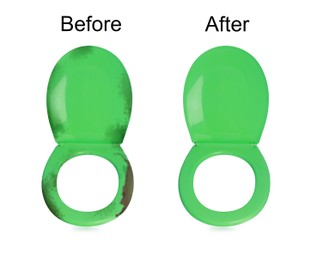 Image of Plastic toilet seats before and after cleaning on white background, collage