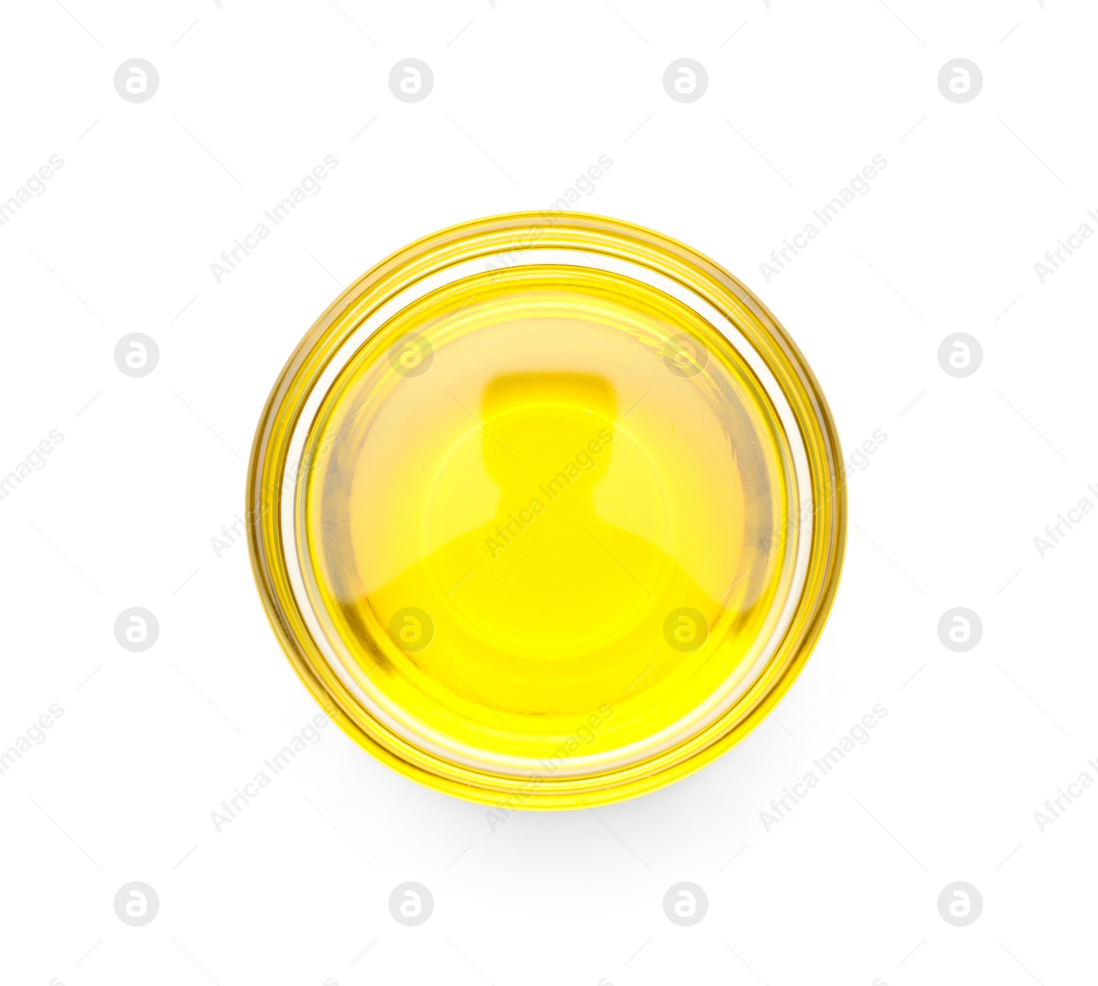 Photo of Bowl with hemp oil on white background, top view