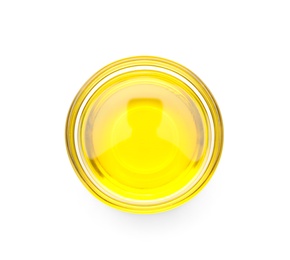 Photo of Bowl with hemp oil on white background, top view