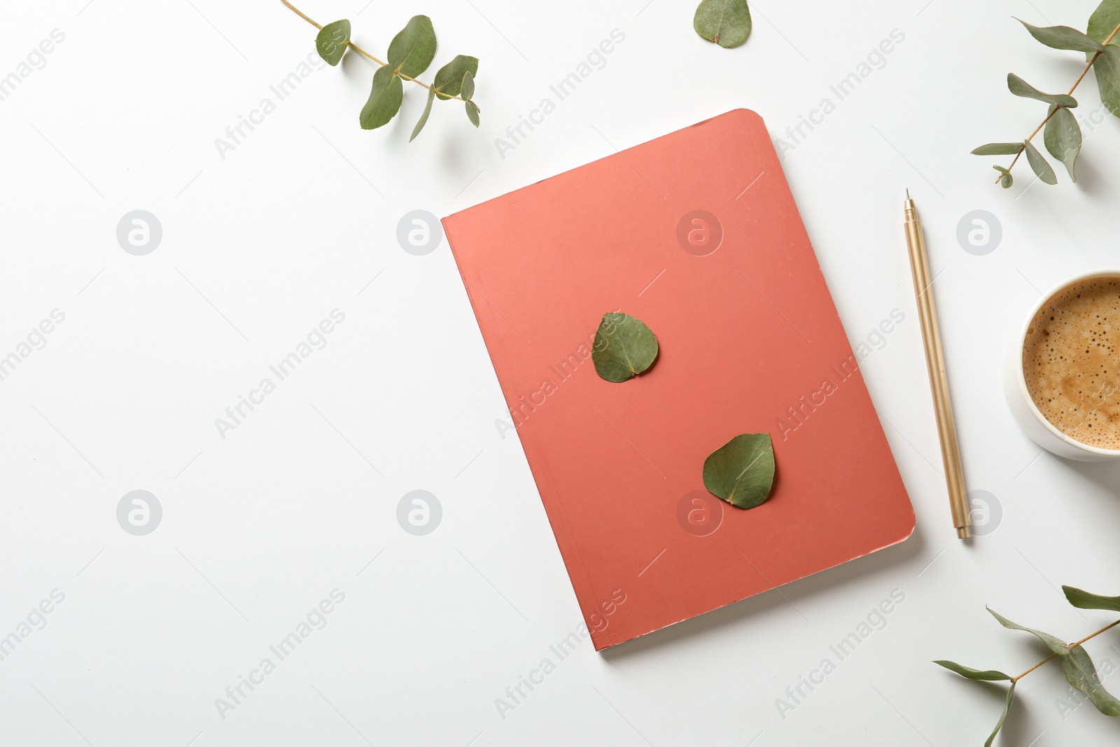 Photo of Flat lay composition with book, cup of coffee and leaves on white background. Space for text