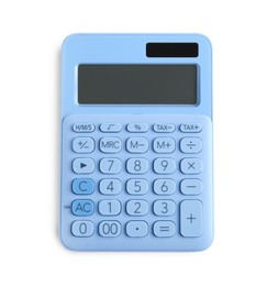 Photo of Light blue calculator on white background, top view. School stationery