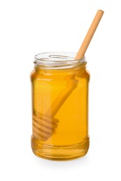 Photo of Tasty honey and dipper in glass jar isolated on white
