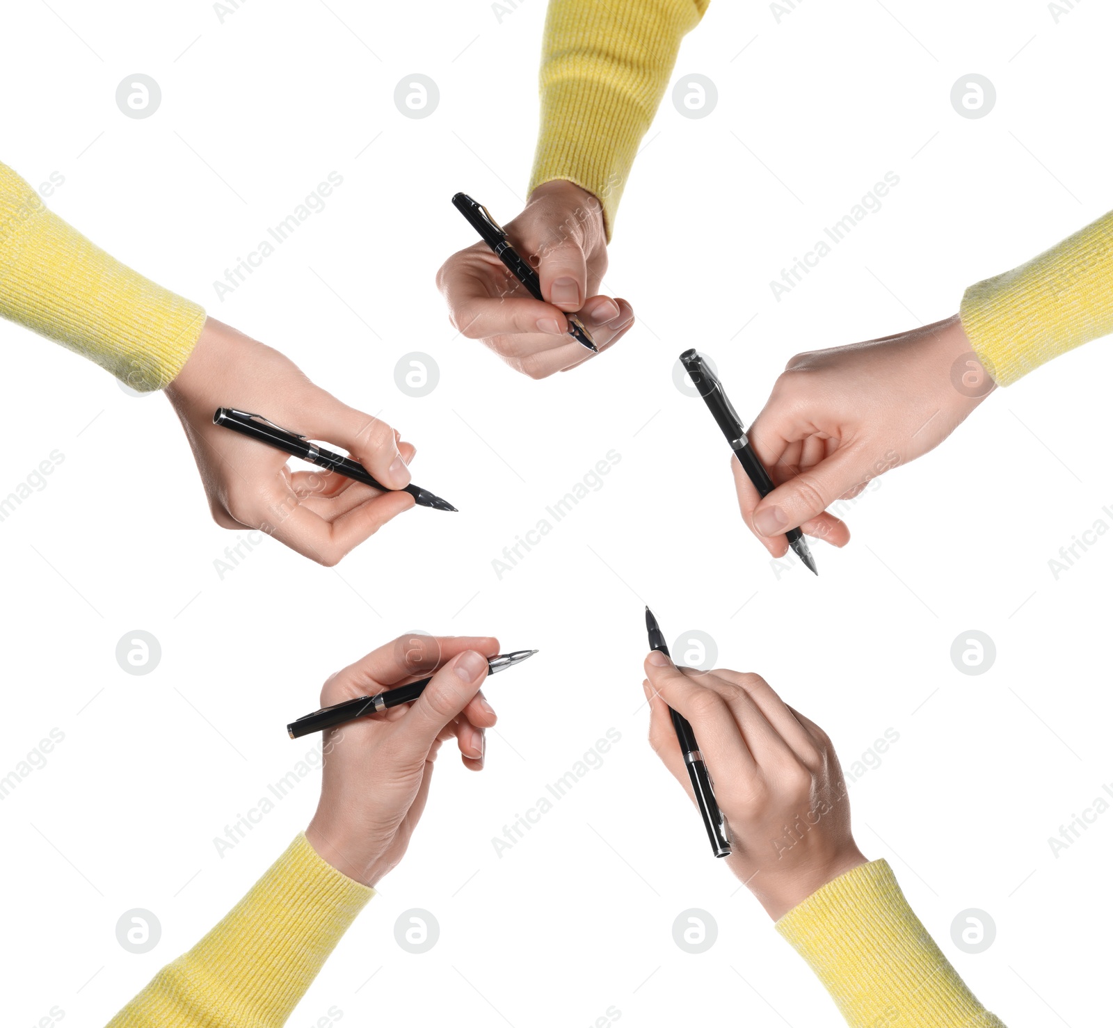 Image of Woman holding pen on white background, closeup. Collage design, different angles