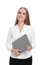 Photo of Happy young secretary with folder on white background