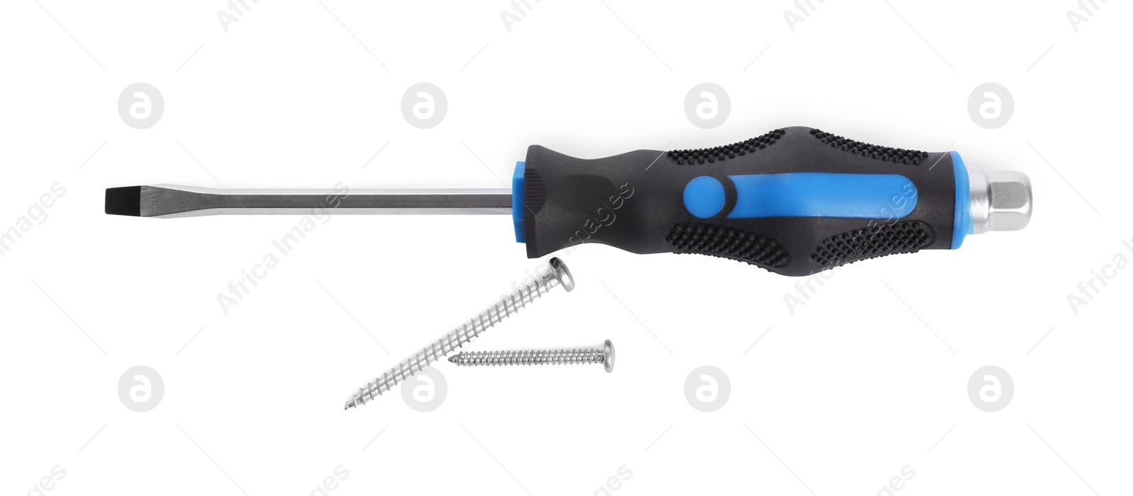 Photo of Screwdriver with black handle and screws isolated on white, top view