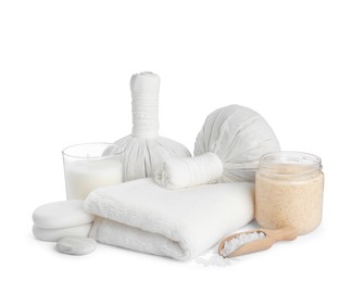 Spa composition with care products on white background