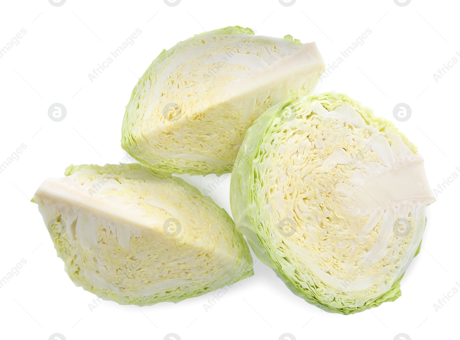 Photo of Pieces of fresh cabbage on white background, top view