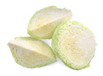 Pieces of fresh cabbage on white background, top view