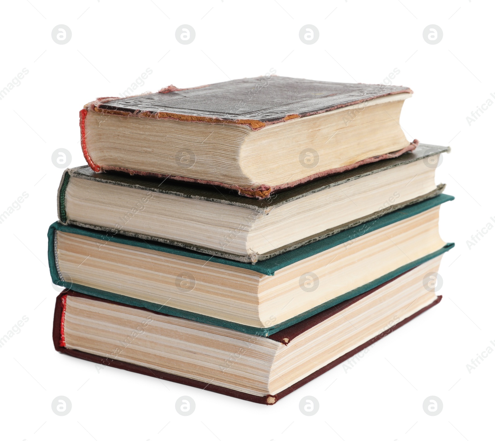 Photo of Stack of many old hardcover books isolated on white