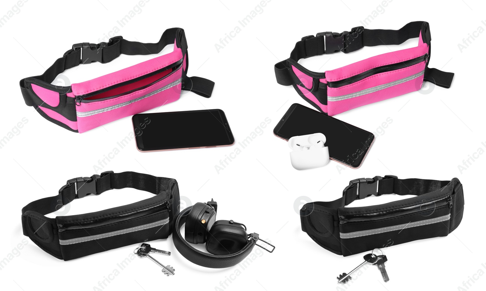 Image of Collage with stylish waist bags (running belts) on white background