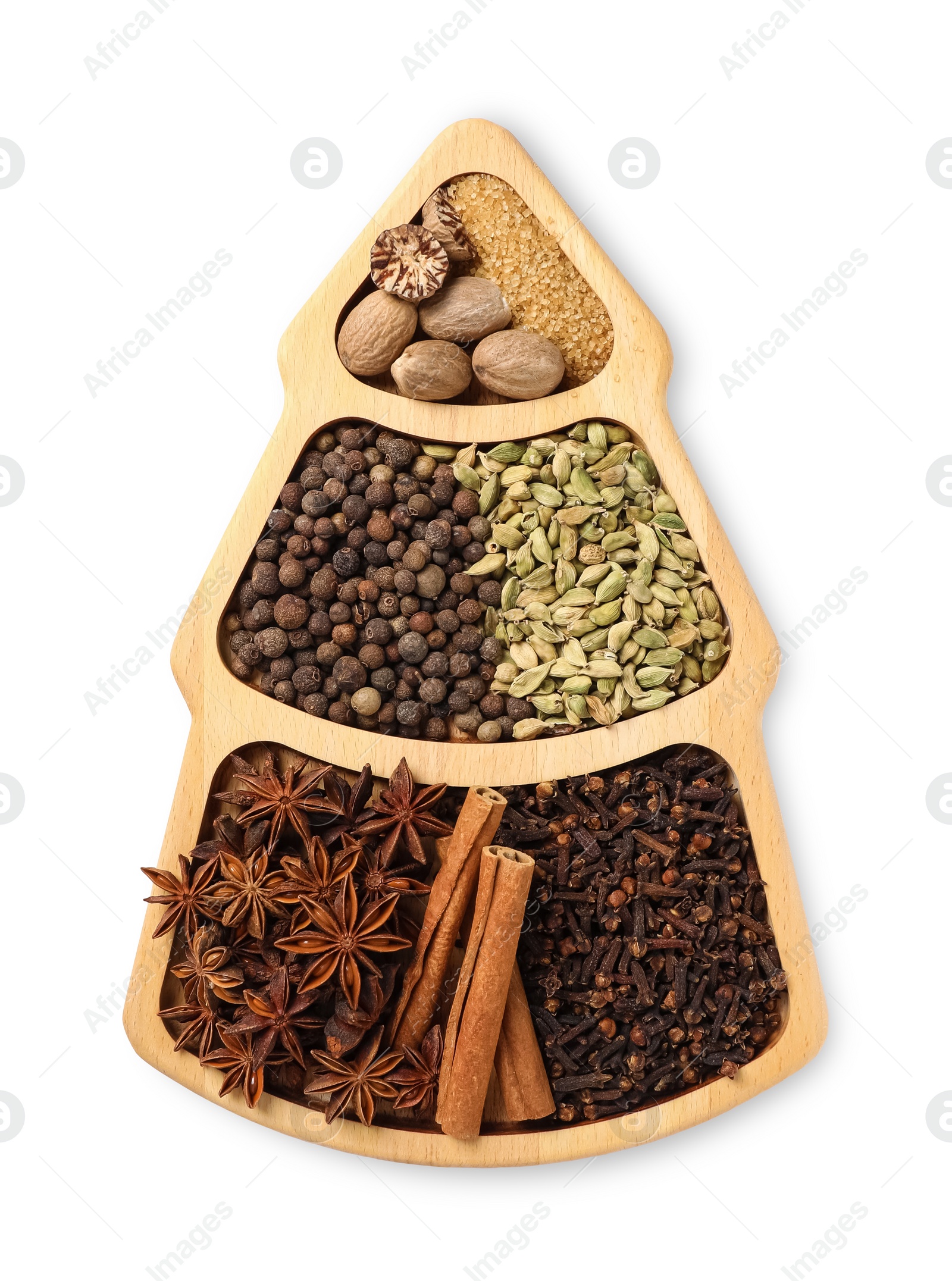Photo of Different spices and nuts isolated on white, top view
