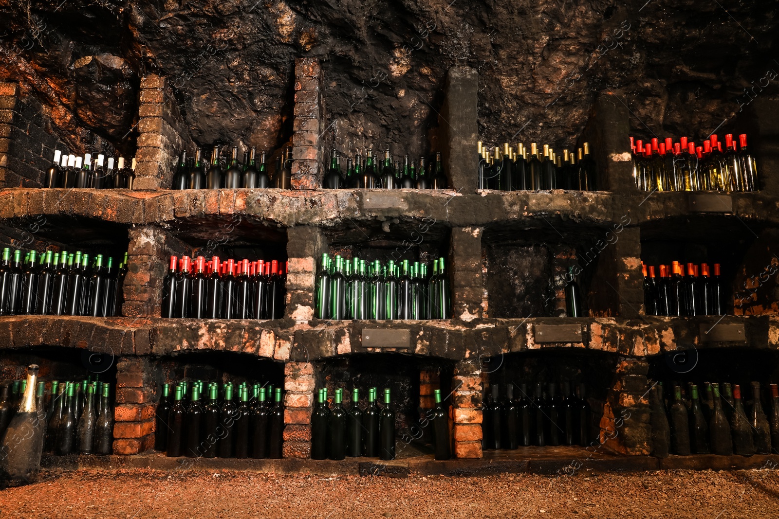 Photo of Many bottles of different alcohol drinks on shelves in cellar