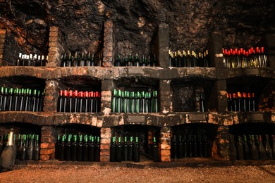 Many bottles of different alcohol drinks on shelves in cellar