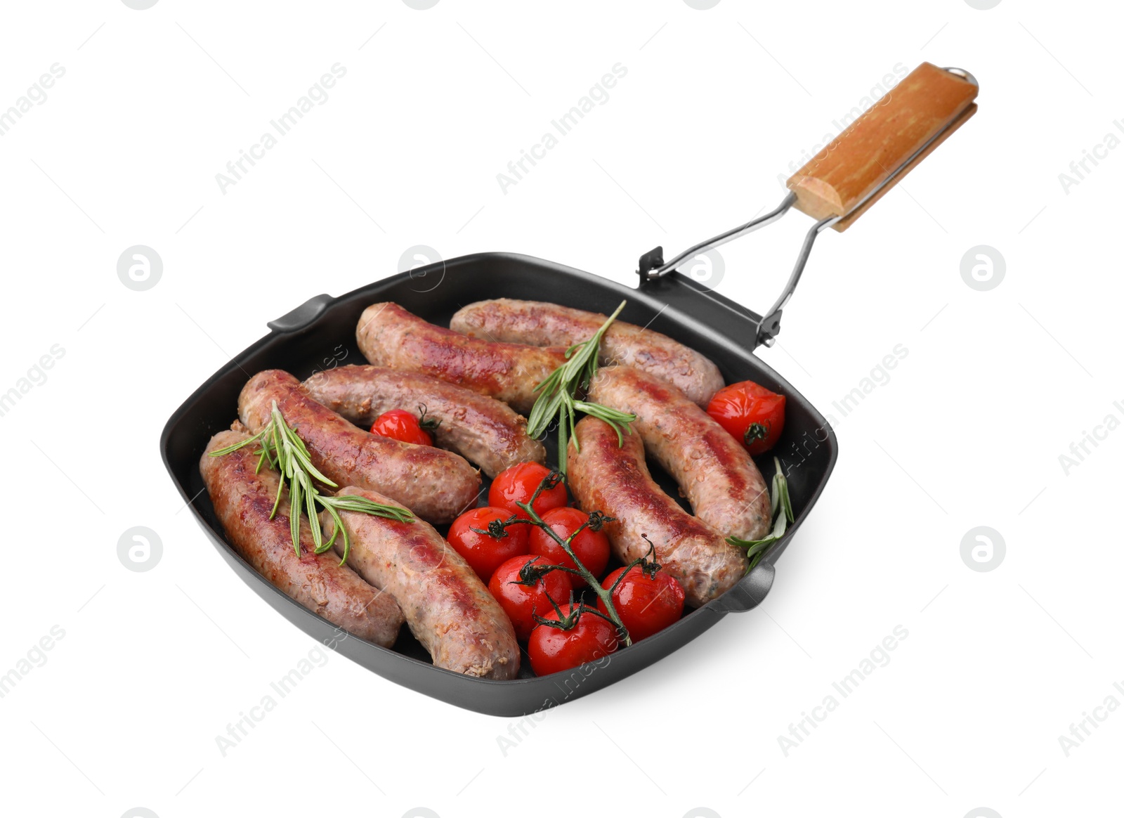 Photo of Grill pan with tasty homemade sausages, rosemary and tomatoes on white background