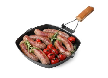 Photo of Grill pan with tasty homemade sausages, rosemary and tomatoes on white background