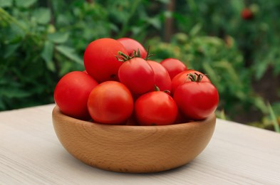 Photo of Bowl of ripe red tomatoes on light wooden table in garden