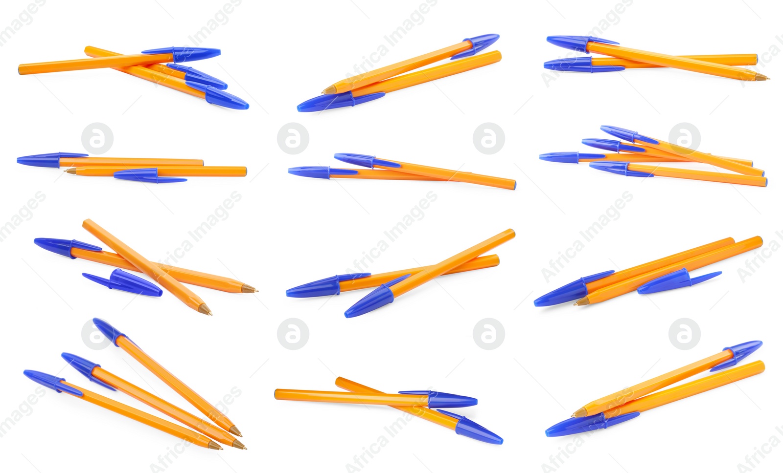 Image of Set of plastic pens on white background