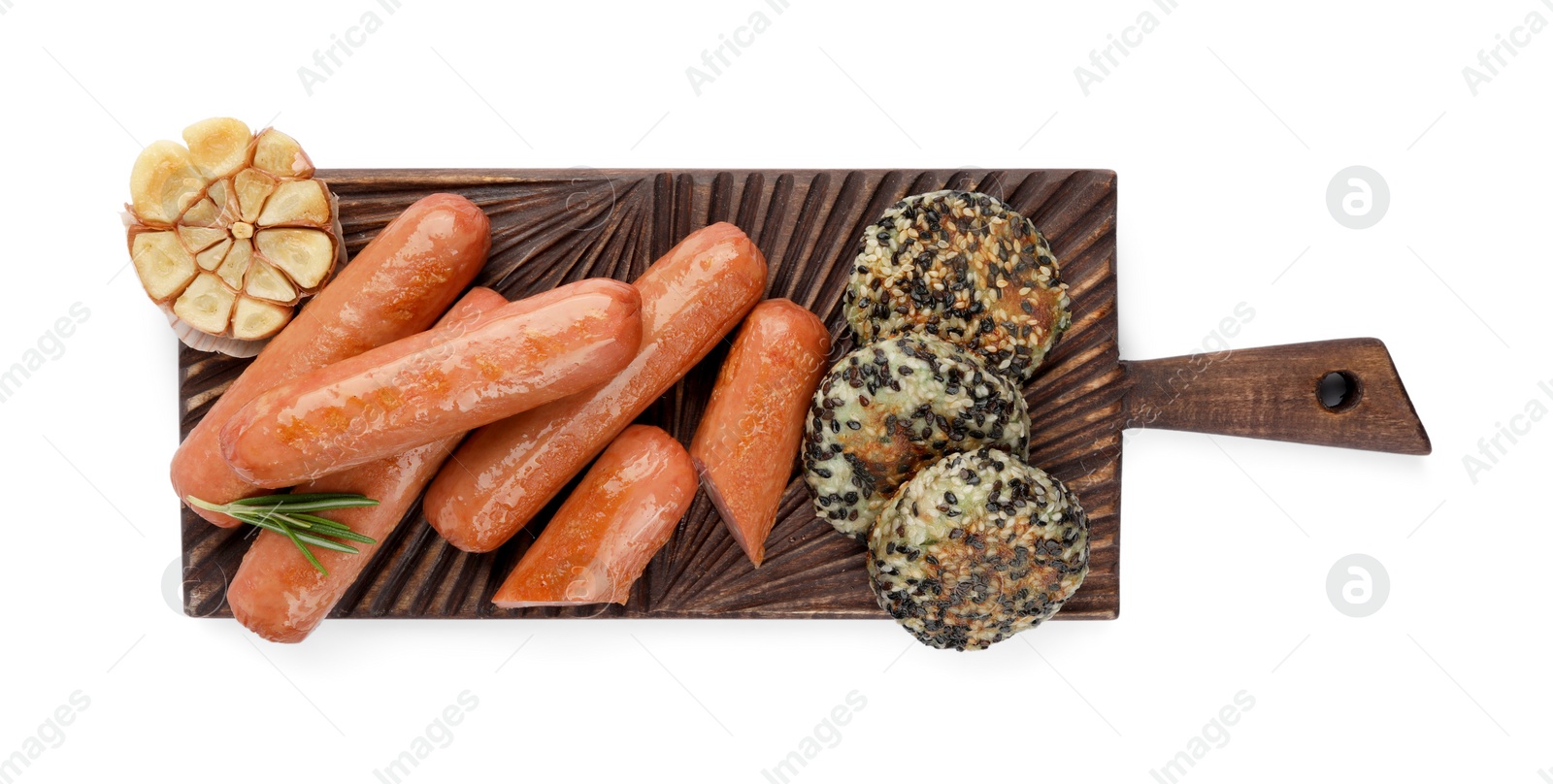 Photo of Serving board with delicious vegan meat products and garlic isolated on white, top view