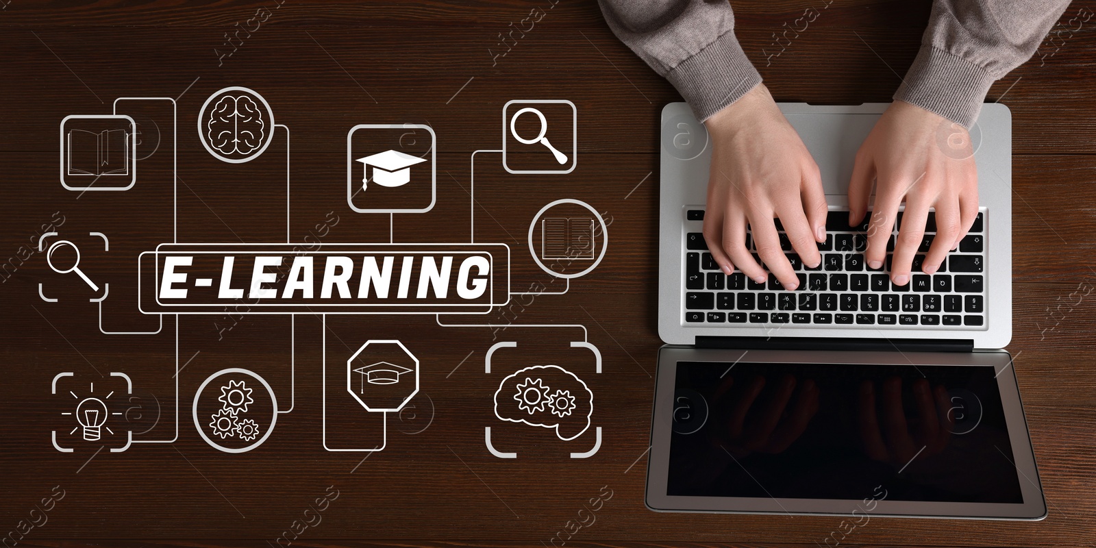 Image of E-learning, banner design. Man working with laptop at wooden table, top view. Illustration of scheme with different icons