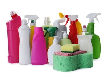 Set of different cleaning supplies on white background