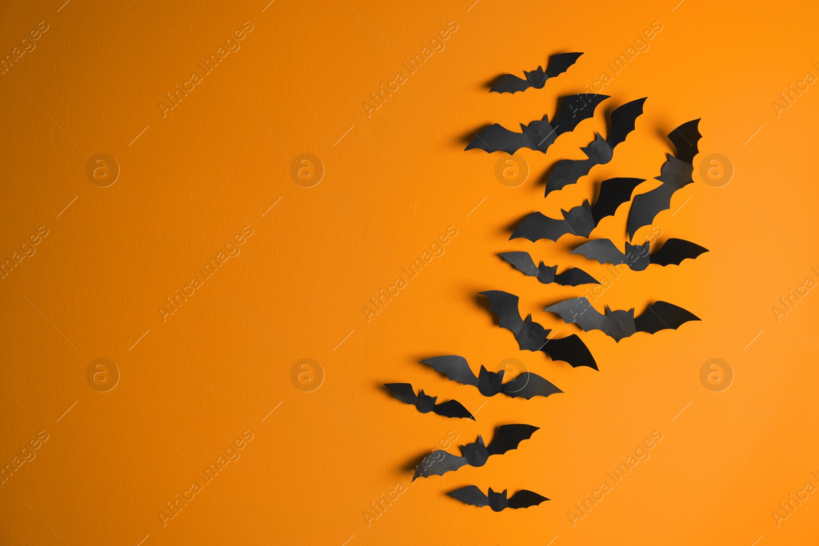 Photo of Paper bats on color background with space for text. Halloween decor