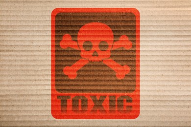 Image of Hazard warning sign (skull-and-crossbones symbol and word TOXIC) on cardboard, top view