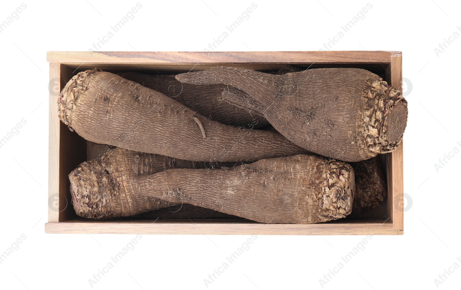 Photo of Red beets in wooden crate isolated on white, top view