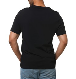 Man wearing black t-shirt on white background, closeup