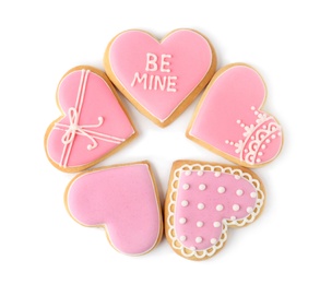 Photo of Decorated heart shaped cookies on white background, top view