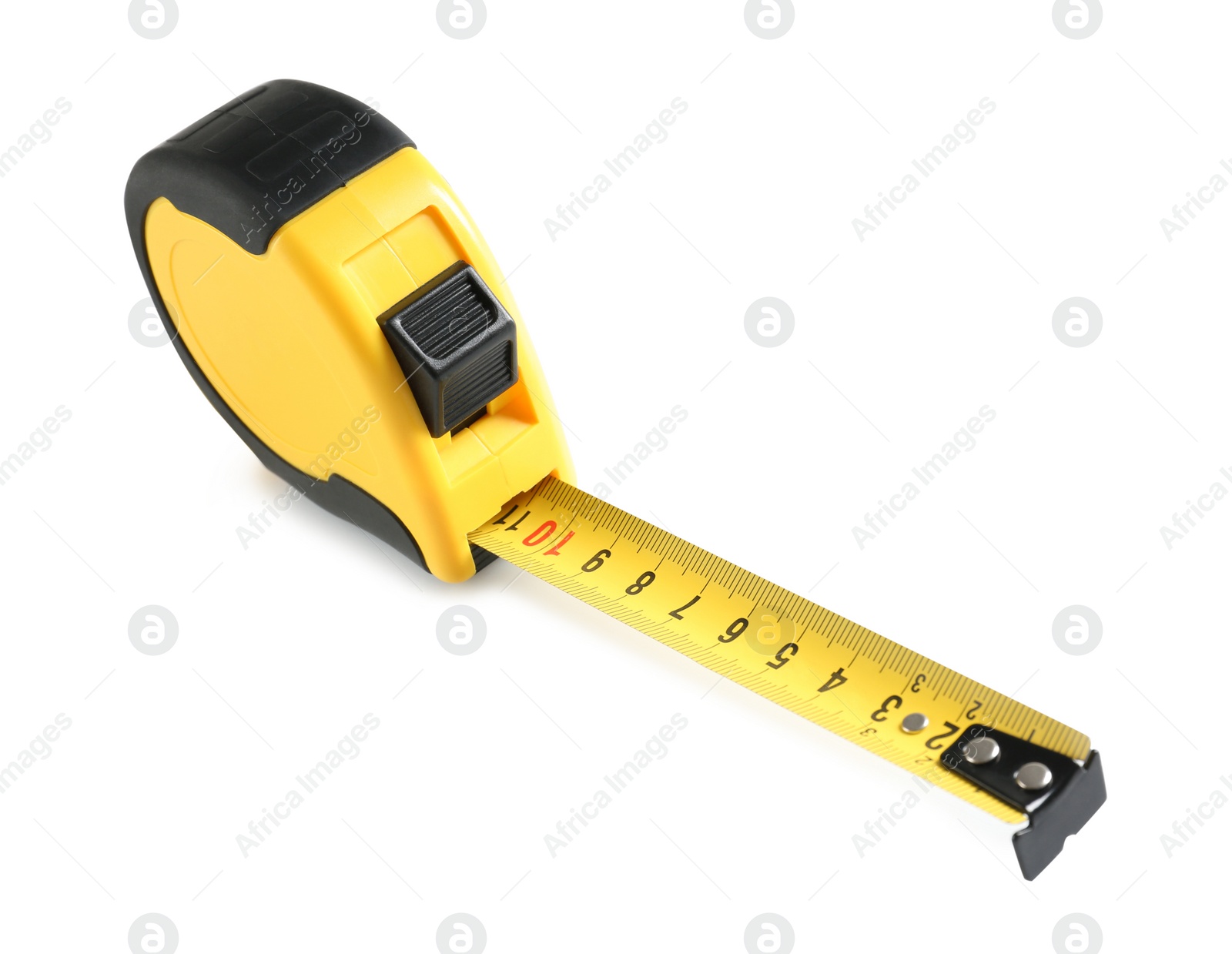 Photo of Metal measuring tape on white background. Construction tool