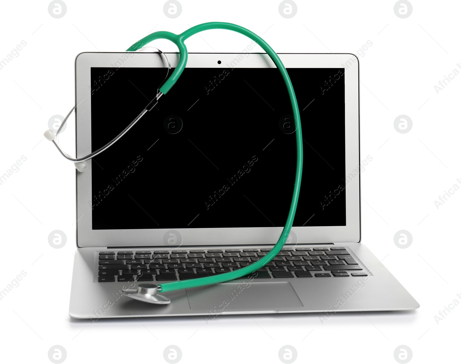 Photo of Modern laptop with stethoscope on white background. Mockup for design