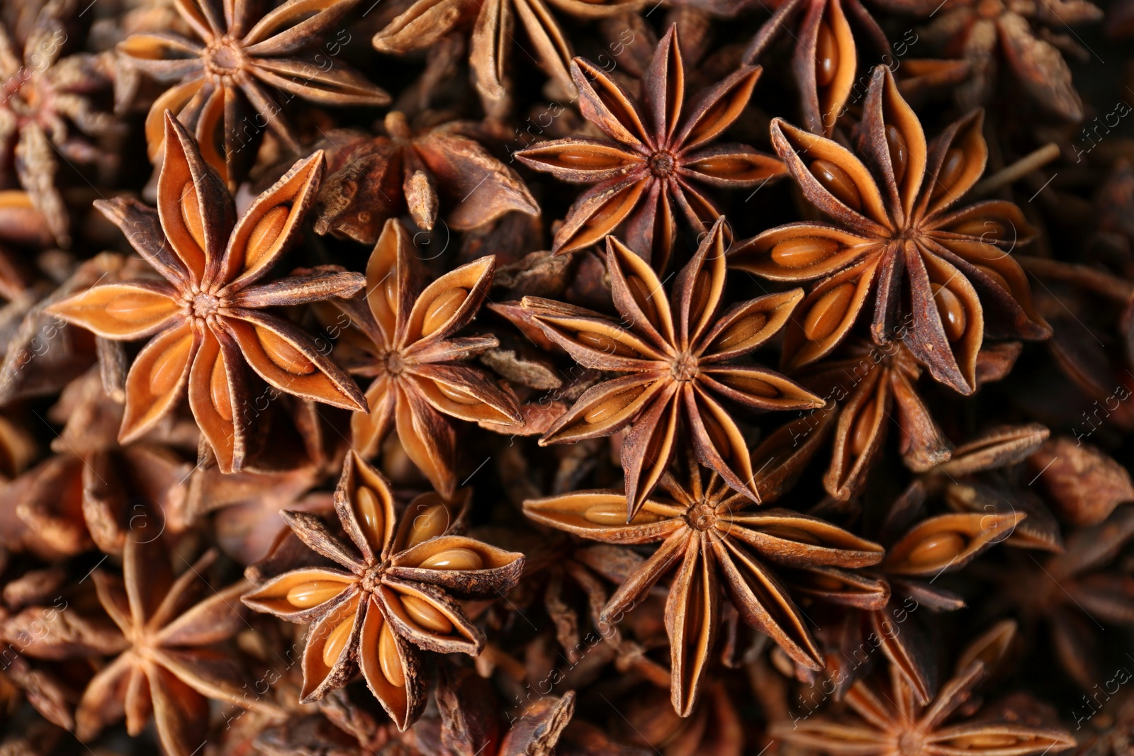 Photo of Aromatic anise stars as background, top view