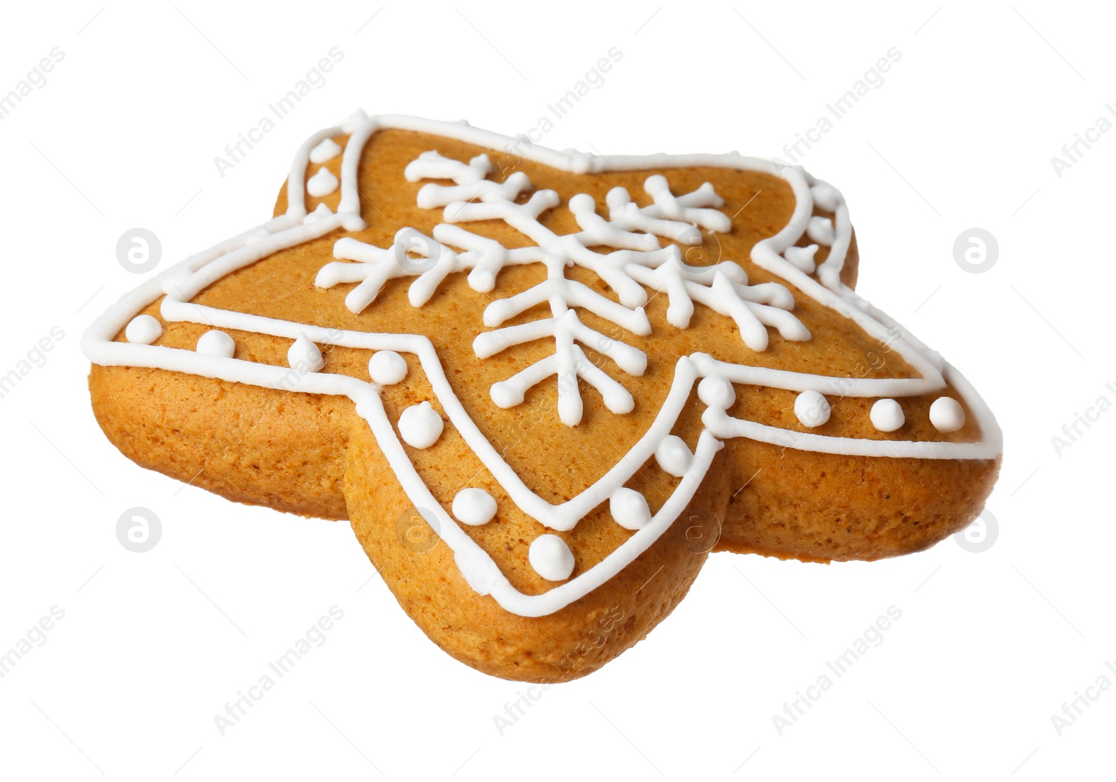 Photo of Tasty star shaped Christmas cookie with icing isolated on white