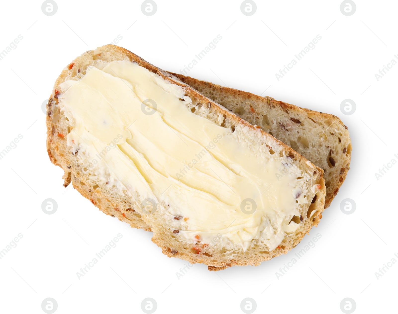 Photo of Slices of tasty bread with butter isolated on white, top view