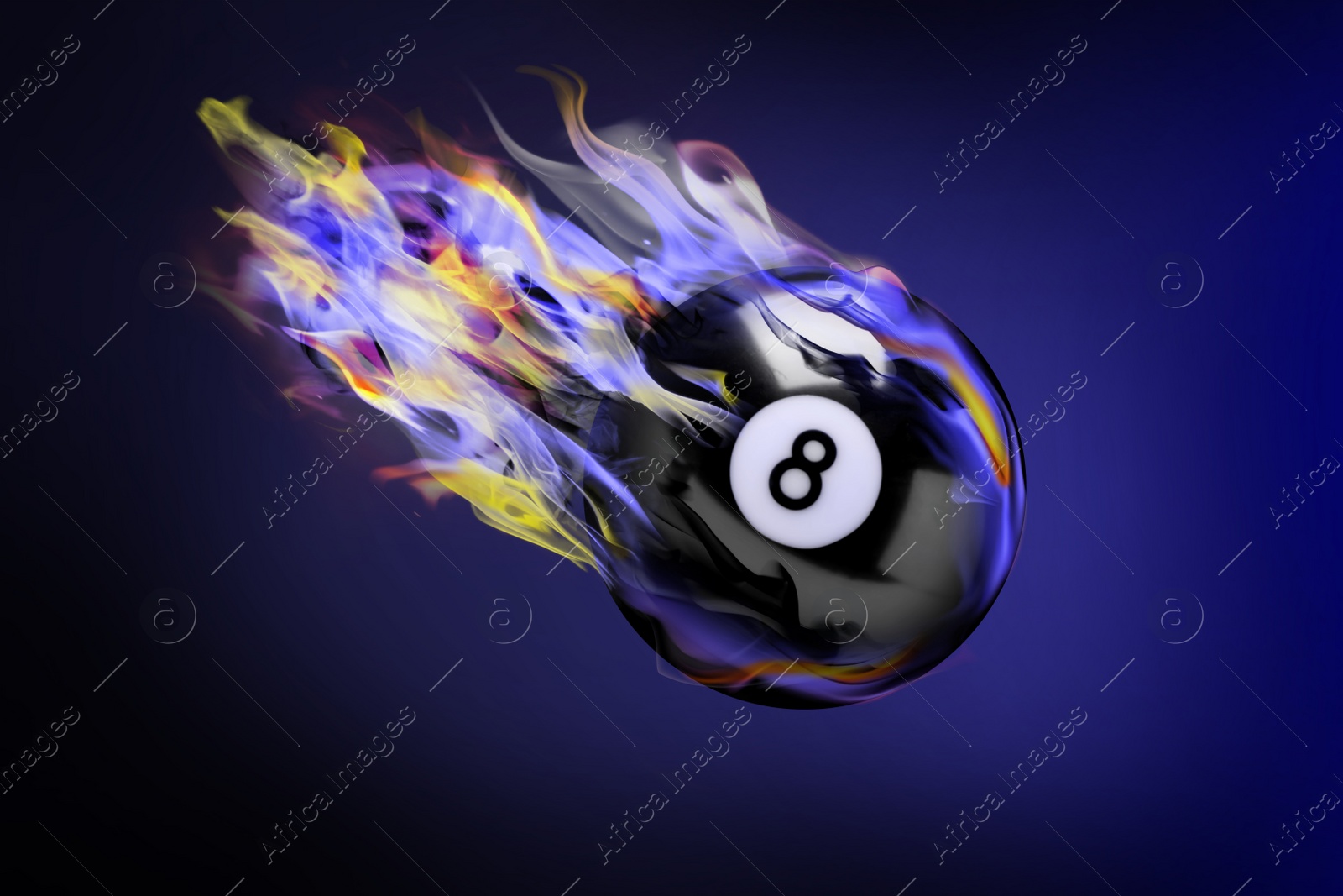 Image of Billiard ball with number 8 in fire flying on color background