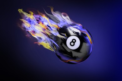 Image of Billiard ball with number 8 in fire flying on color background