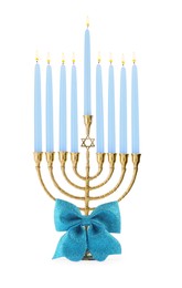 Hanukkah celebration. Menorah with light blue candles and bow isolated on white