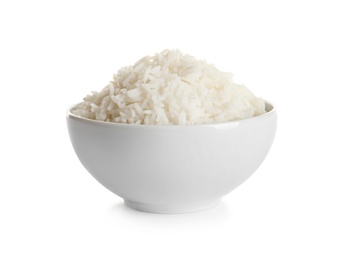 Photo of Bowl of tasty cooked rice on white background