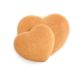 Tasty heart shaped gingerbread cookies isolated on white, top view