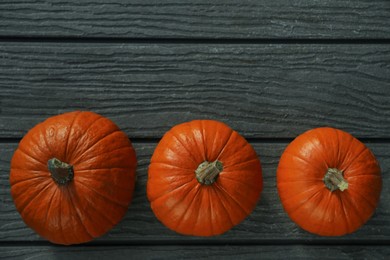 Photo of Many whole ripe pumpkins on wooden table, flat lay. Space for text