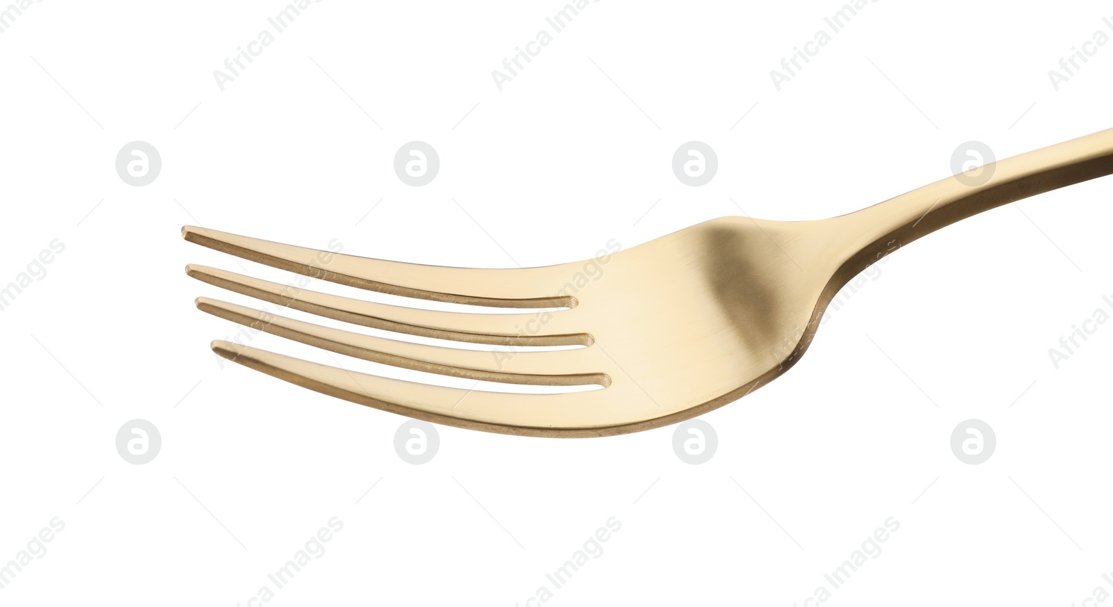 Photo of One shiny golden fork isolated on white, closeup