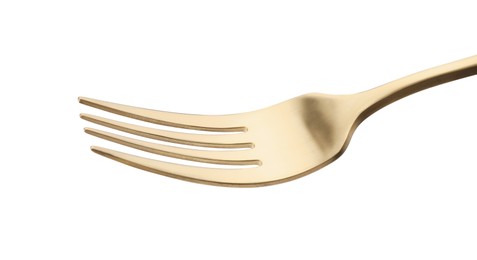 Photo of One shiny golden fork isolated on white, closeup