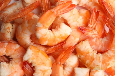 Pile of delicious peeled shrimps as background, closeup