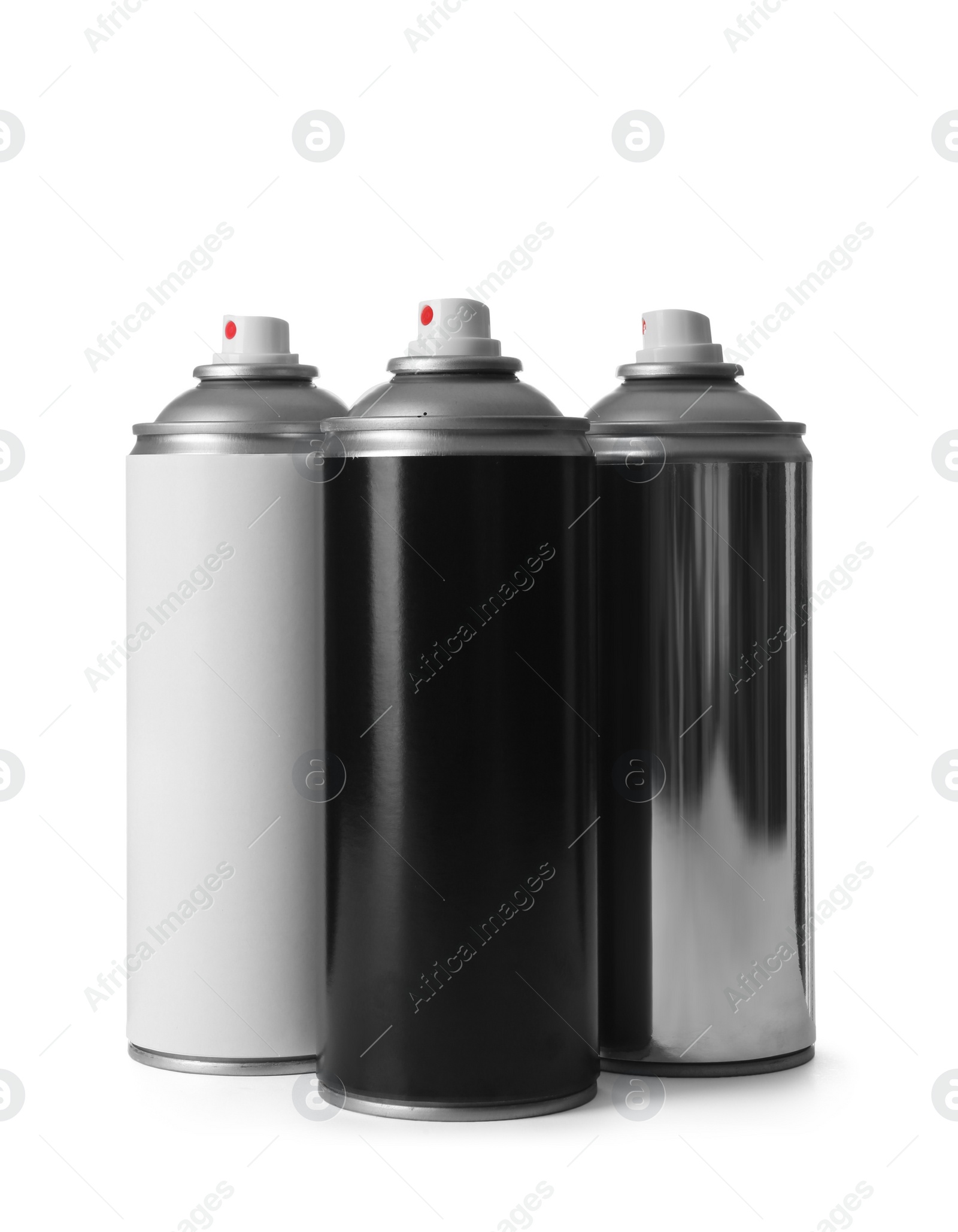 Photo of Cans of different spray paints on white background