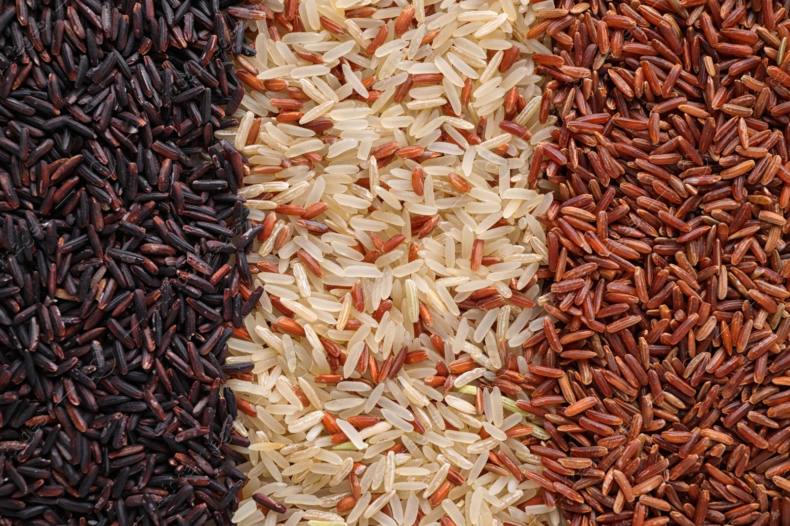 Photo of Different types of brown rice as background, top view