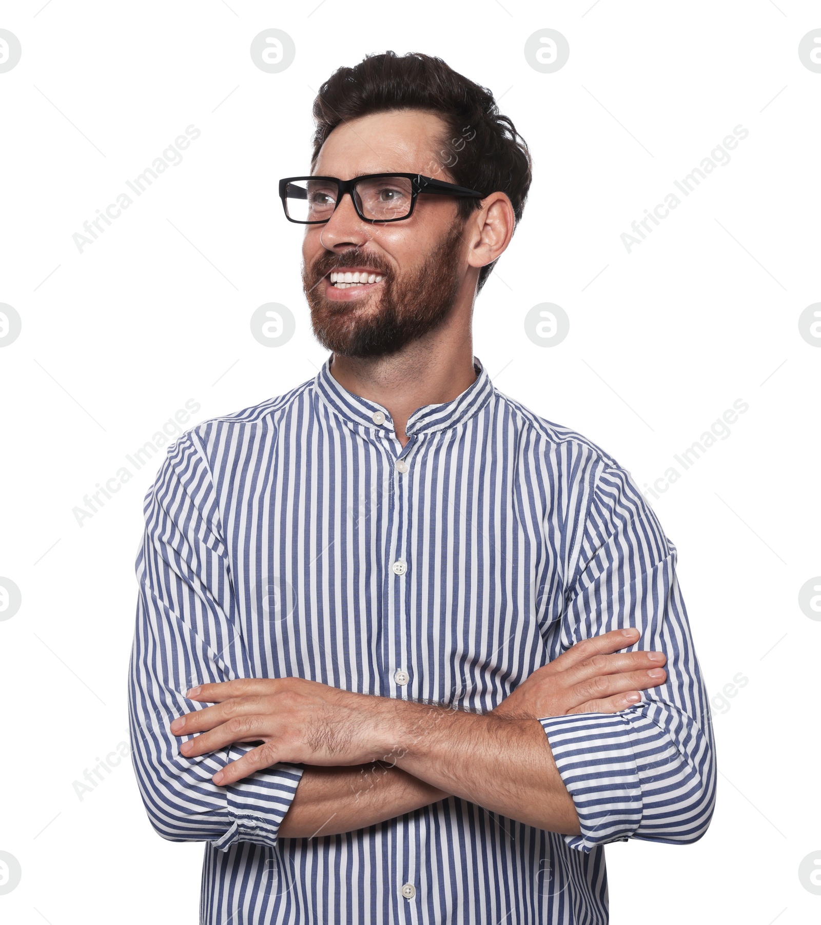 Photo of Portrait of happy bearded man with glasses on white background